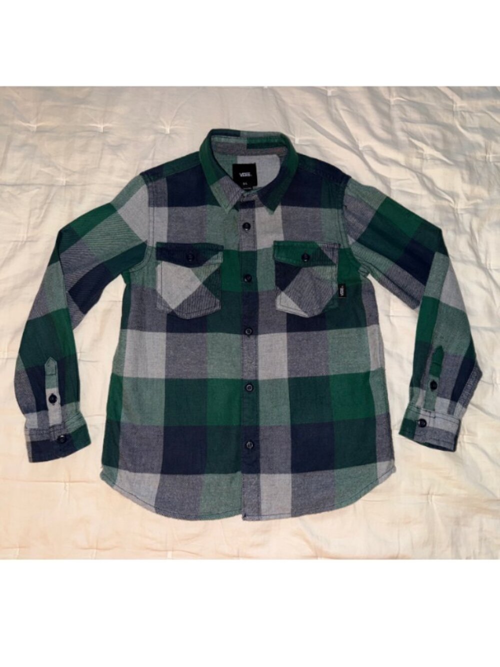 Vans Boys Green Plaid Button Down Shirt Sz 6